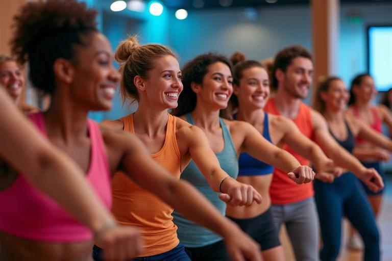 Gruppe von Menschen nimmt an einem Fitnesskurs teil