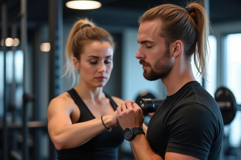 Personal Trainer leitet Klienten im Fitnessstudio an
