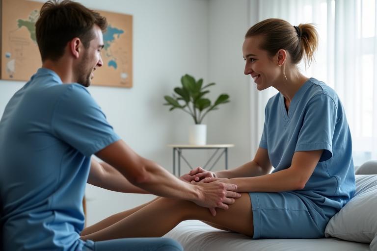 Physiotherapeut hilft einem Patienten mit Knieübungen