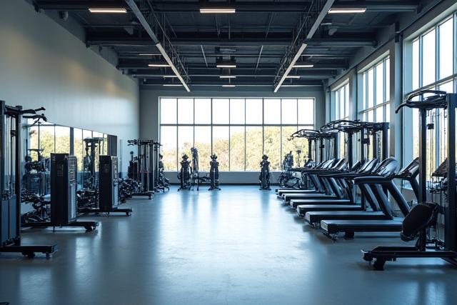 Weitwinkelansicht des Fitnessstudios mit viel natürlichem Licht